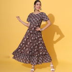 Ethnic Motifs Printed Round Neck Gathered Tiered Cotton Maxi Dress