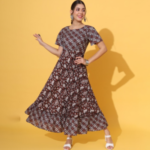 Ethnic Motifs Printed Round Neck Gathered Tiered Cotton Maxi Dress