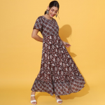 Ethnic Motifs Printed Round Neck Gathered Tiered Cotton Maxi Dress