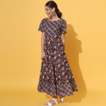 Ethnic Motifs Printed Round Neck Gathered Tiered Cotton Maxi Dress